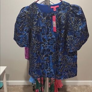 Girls Blue Metallic Floral Puff-Sleeve Top
